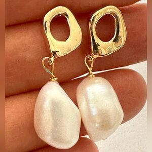 10.4mm Wide White Baroque Cultured Pearl Earrings - 14K YG over Sterling Silver